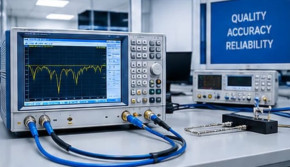 RF cable assemblies under test on a network analyser